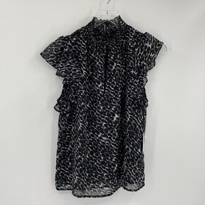 1 State sleeveless chiffon blouse gray black smocked ruffle flutter shirt new M